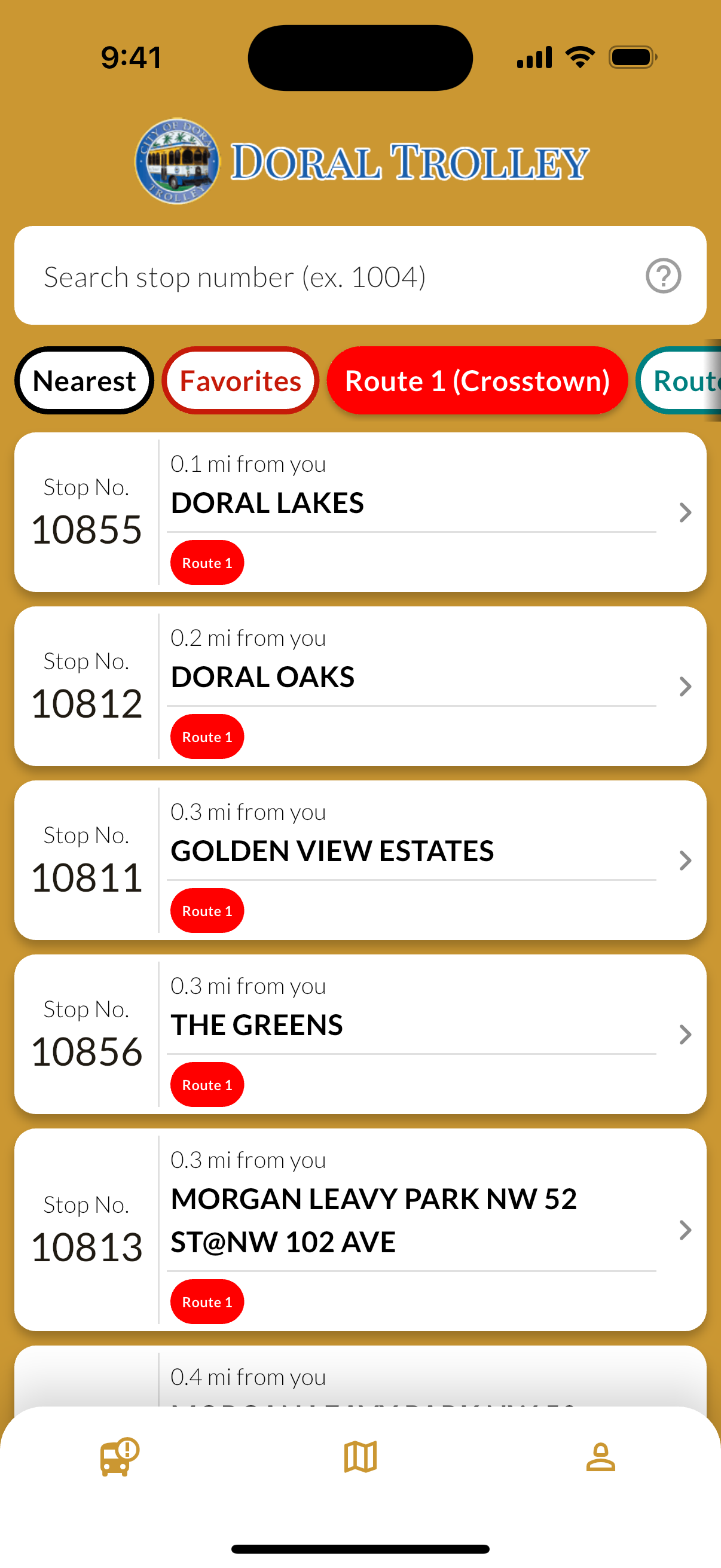 App screen showing stop search results and route filters