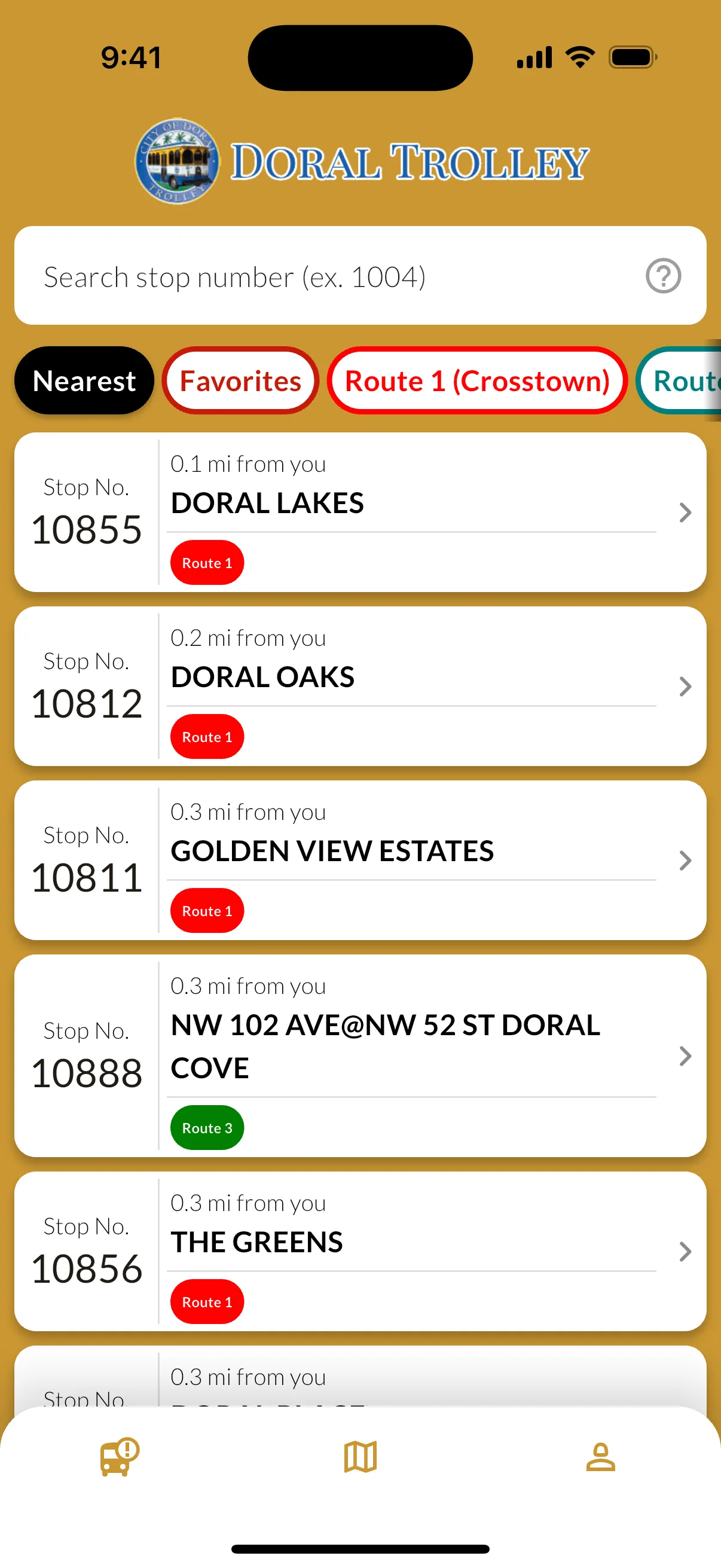 Doral Trolley Tracker app showing nearby trolley stops with live arrival information
