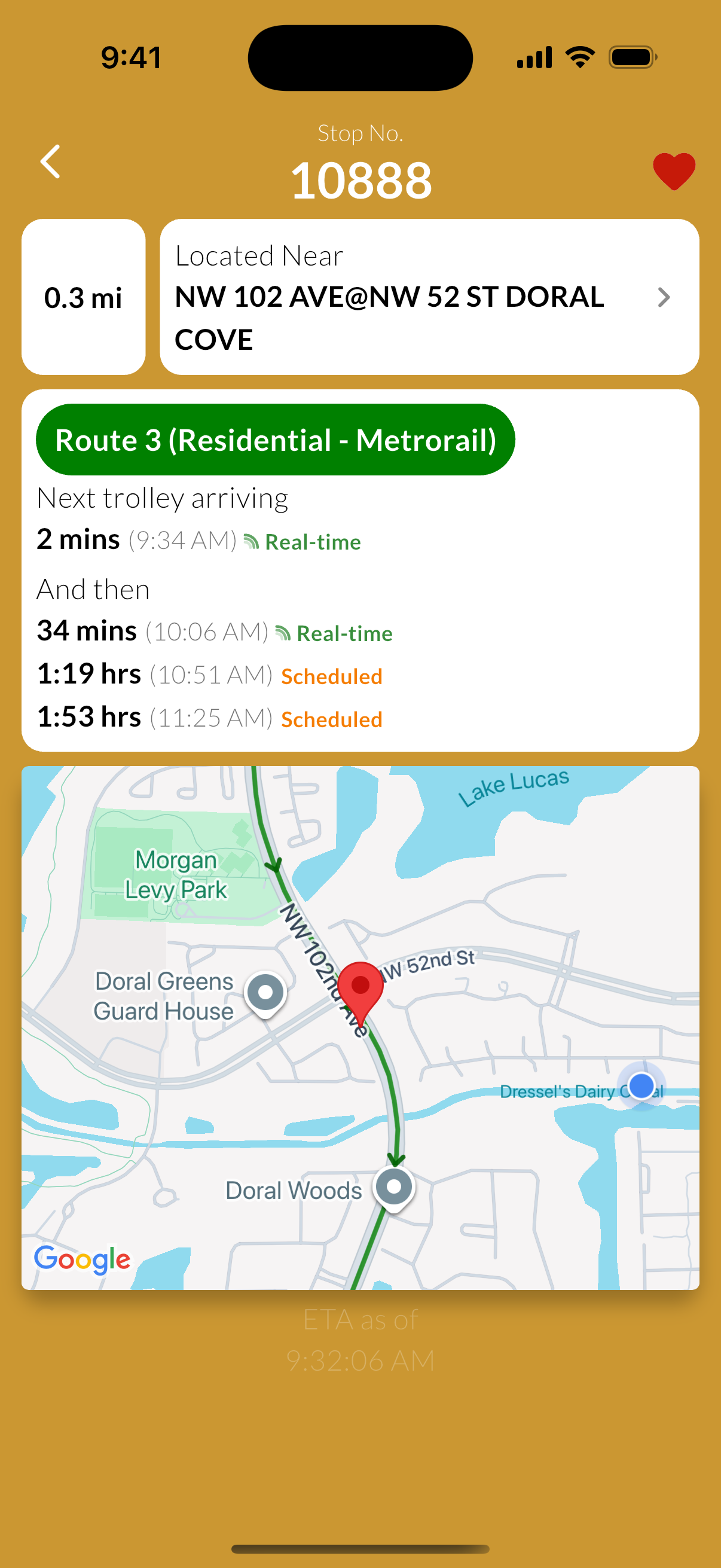 Stop details view showing live and scheduled arrival times for Doral trolley routes